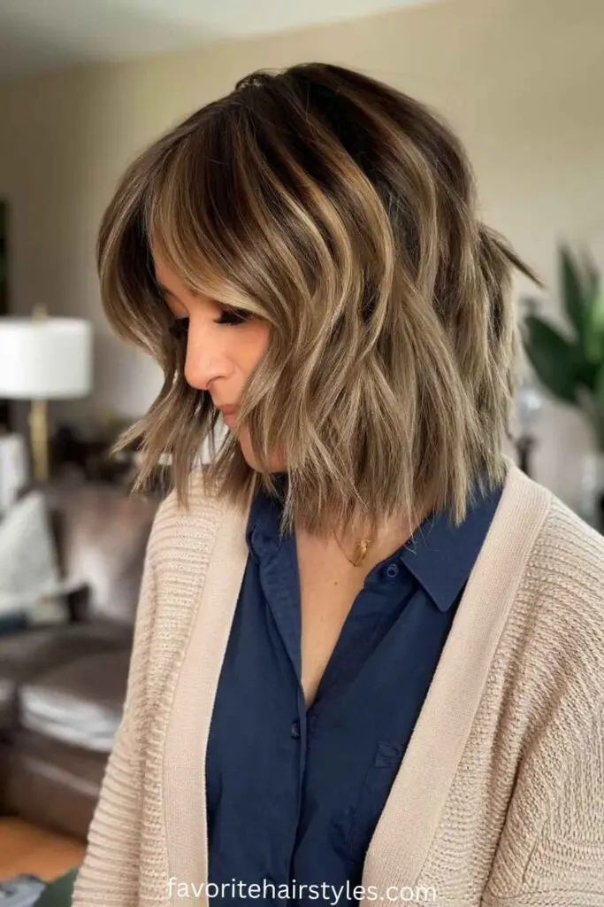 Long shaggy bob for older women with layered texture
