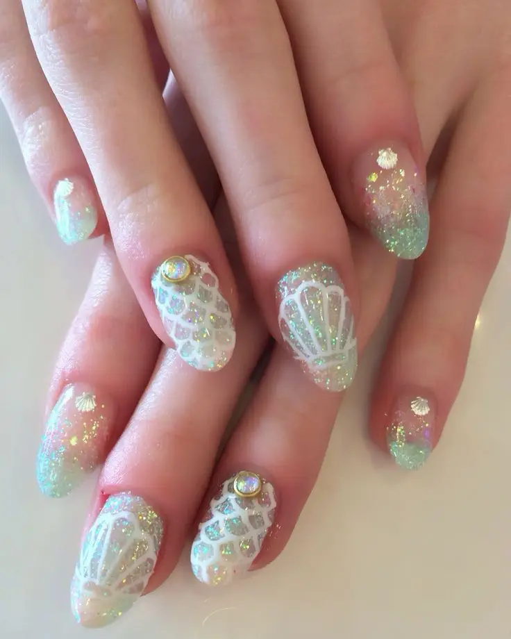 Mermaid-Styled Nail Design with Studs