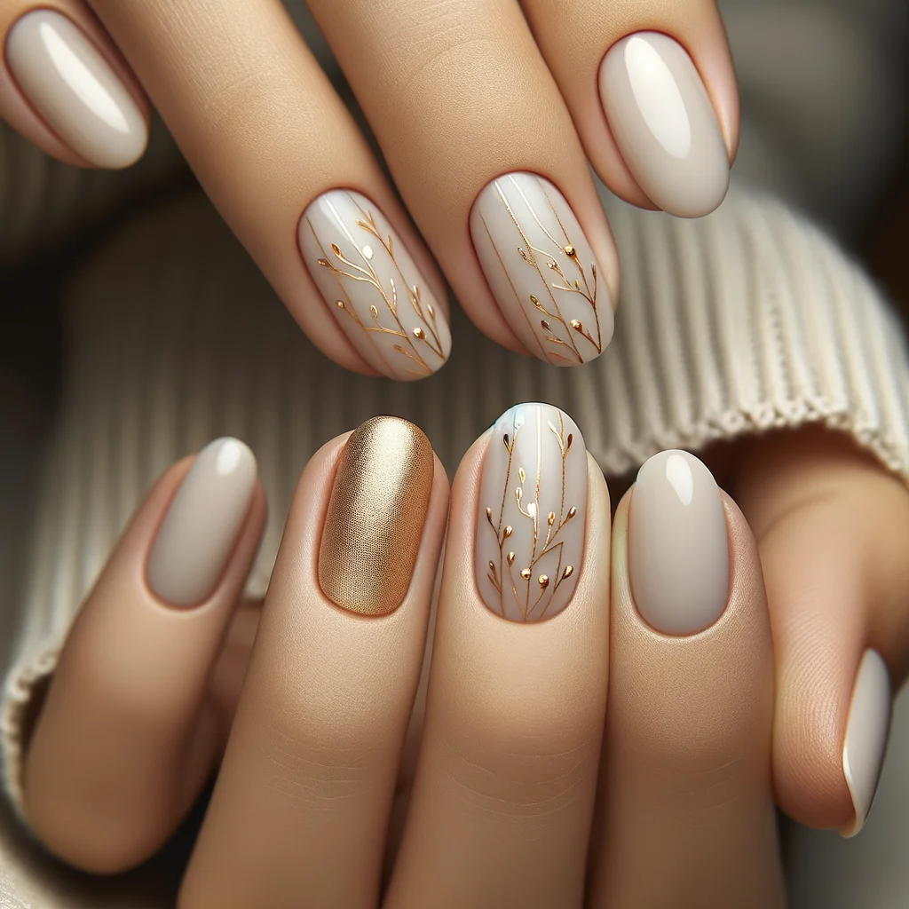 Neutral Nails with Gold Accents
