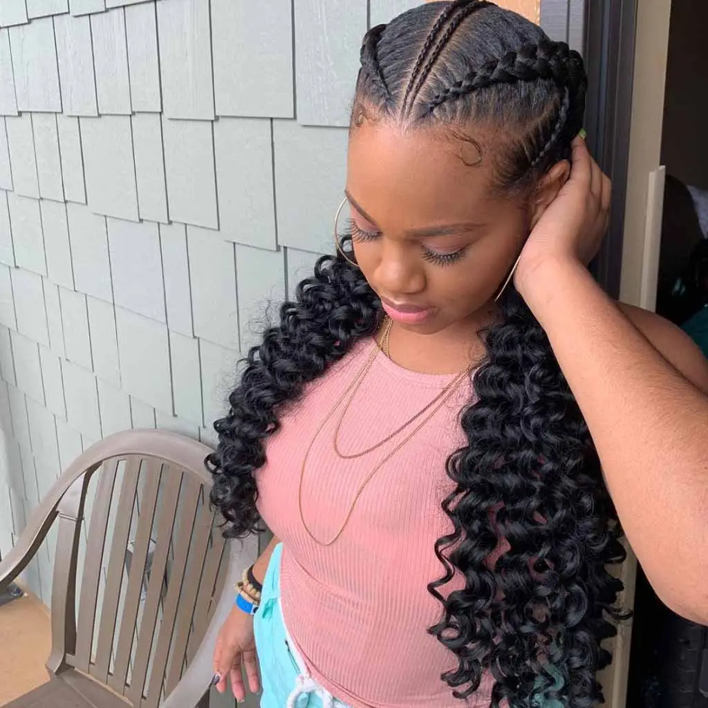 Zigzag feed-in goddess cornrows with loose curls