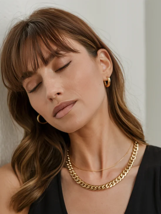 Close-up of a woman with natural wispy bangs and glossy brown hair.