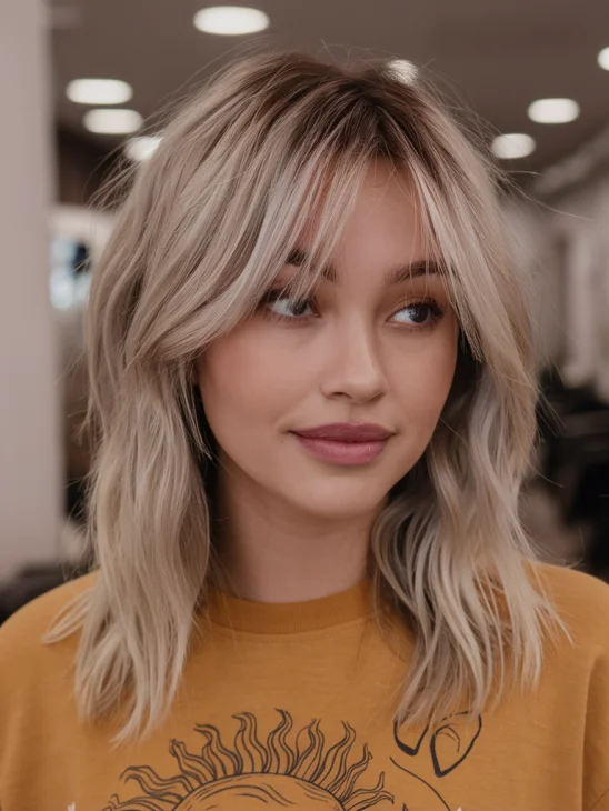 A young woman with shoulder-length layered hair and wispy bangs.
