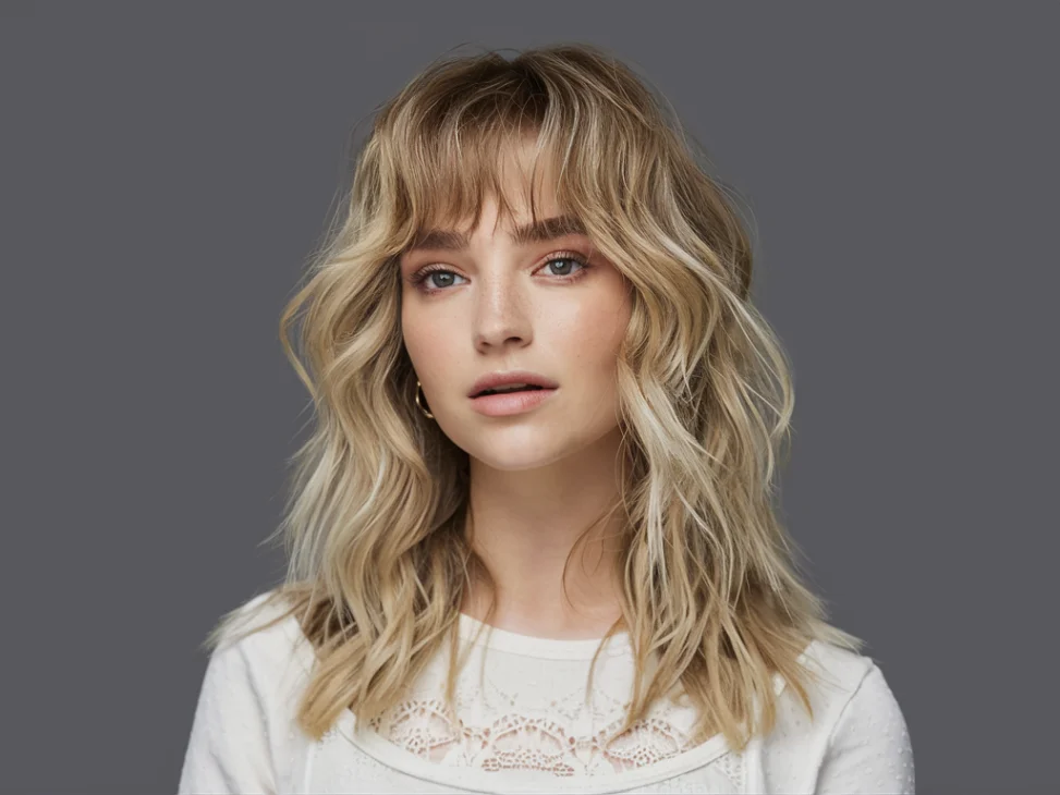 A young woman with wavy blonde hair and cascading wispy bangs.