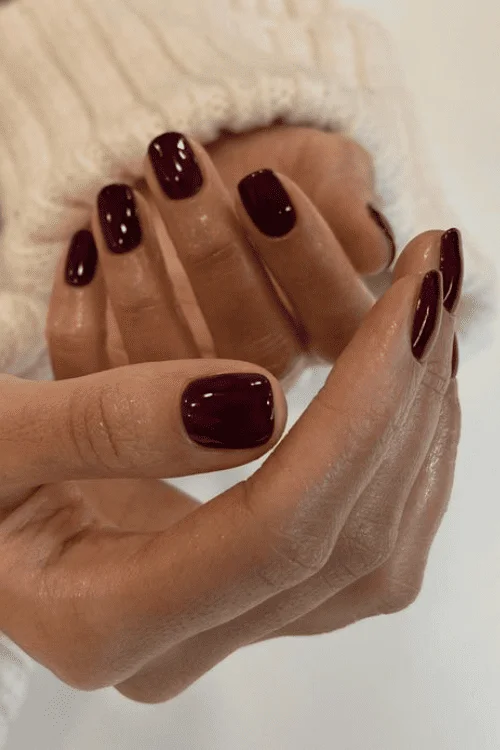 Short Nails in Rich Wine Tones