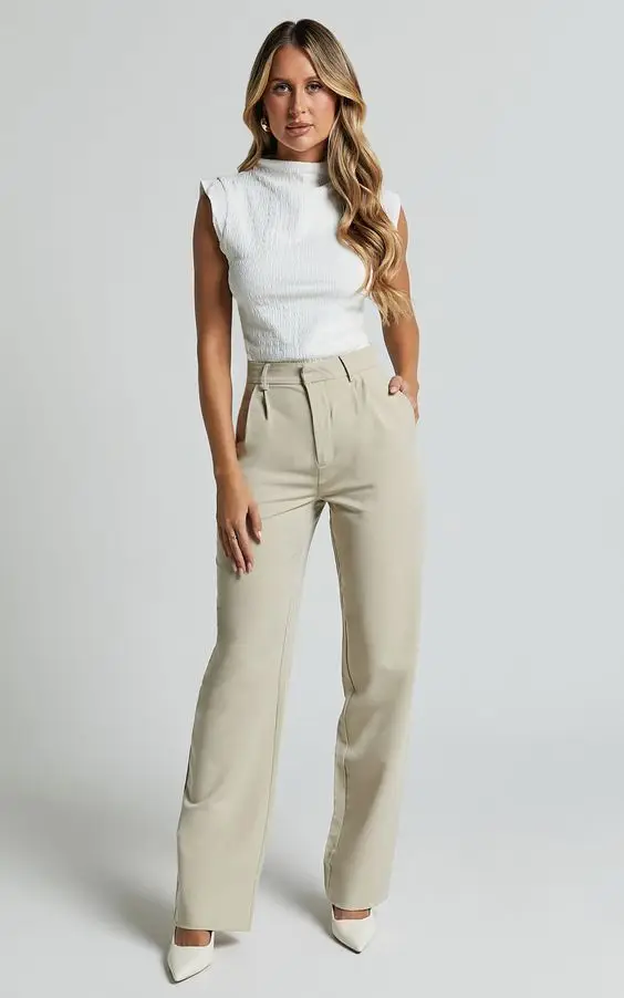 Business casual featuring a trench coat, striped shirt, and trousers
