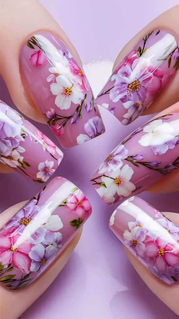 Short acrylic nails adorned with botanical designs in muted green