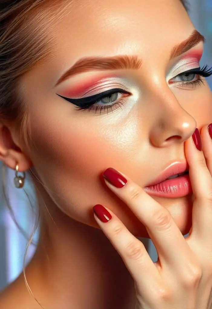 Soft glam makeup with glowing skin and muted pink tones