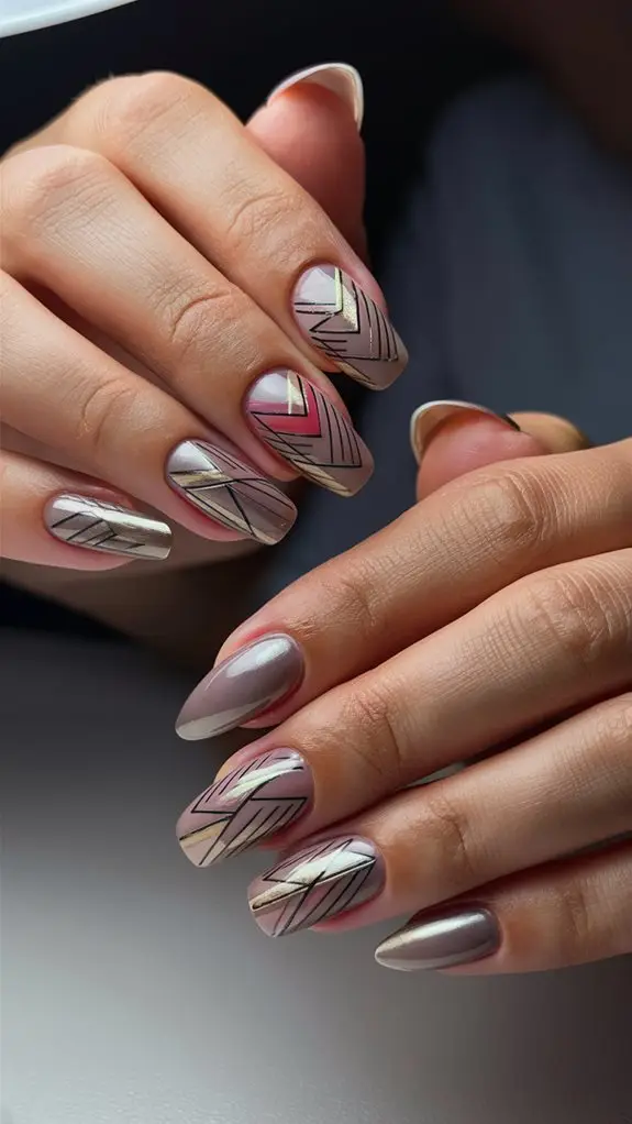 Short black nails with metallic accents and intricate detailing