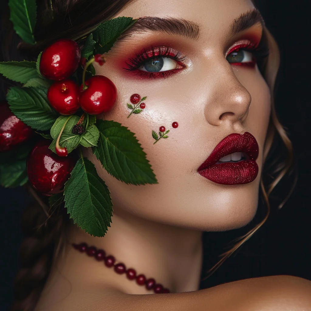 Bold cherry lips with minimal eye makeup and glowing skin