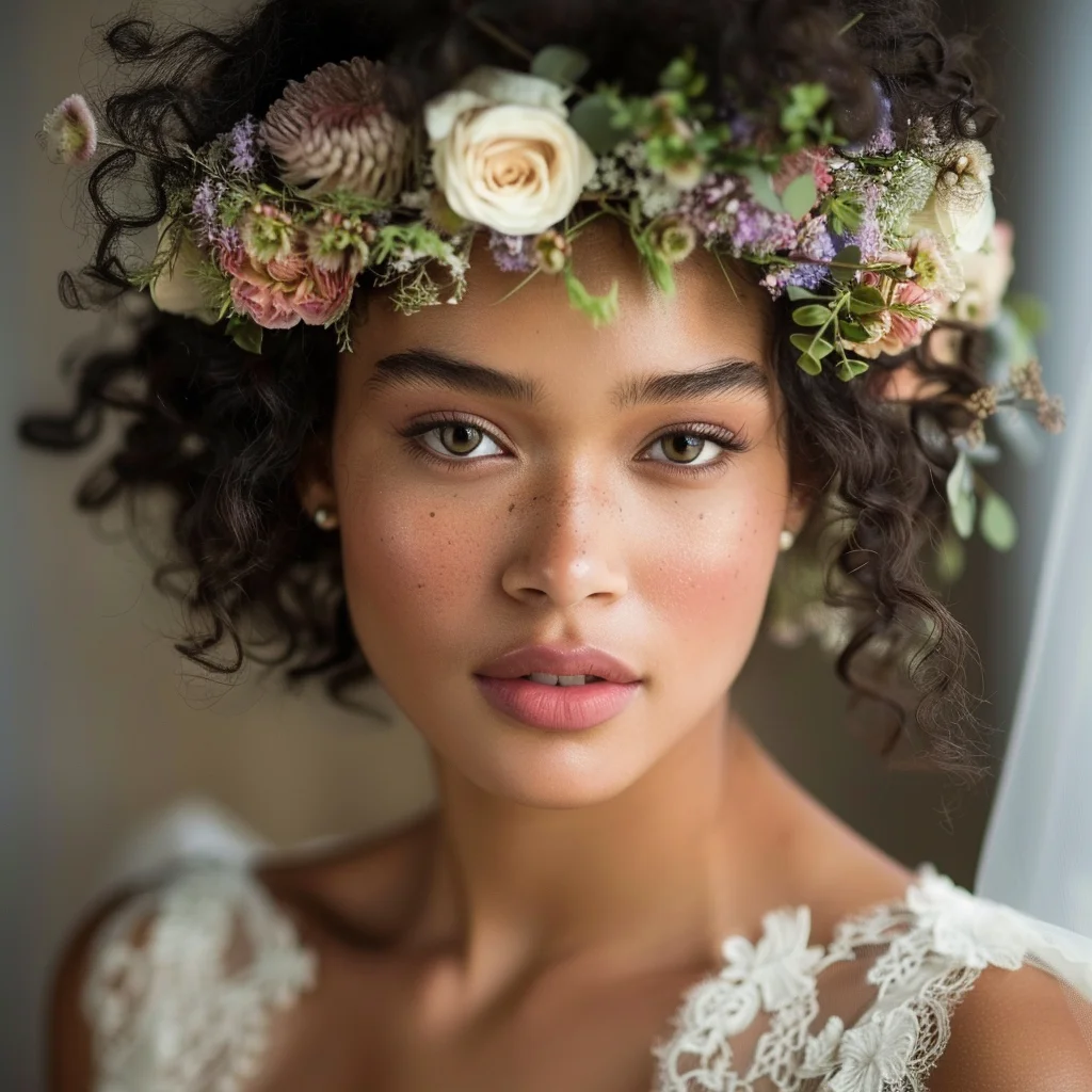 Minimal and radiant bridal makeup with soft coral tones