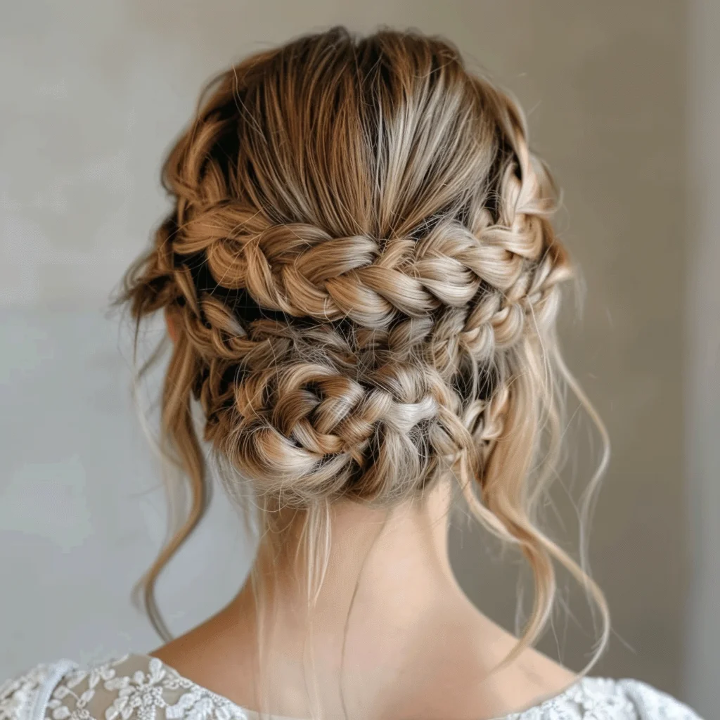 Curved goddess cornrows styled into a sculptural updo