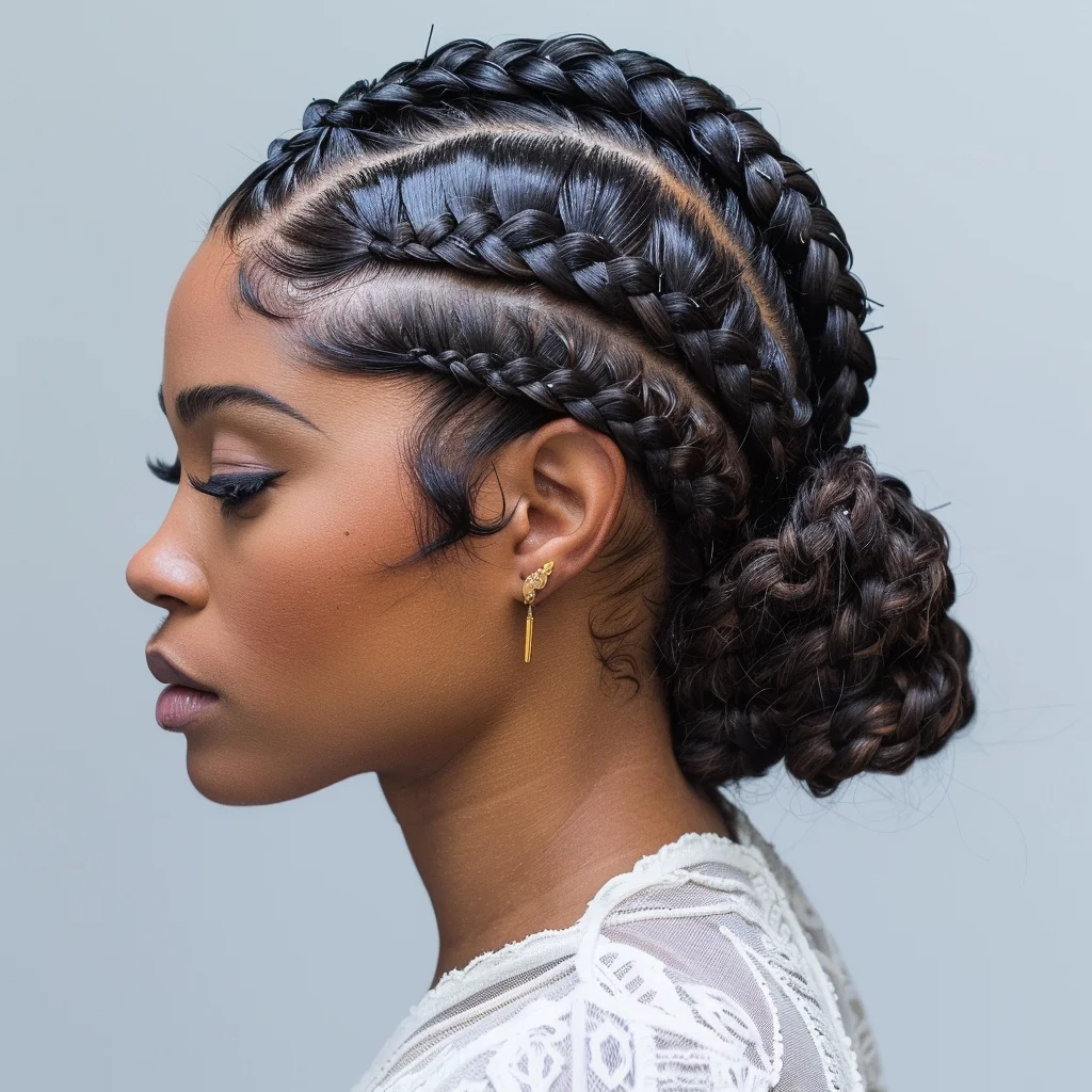 Sweeping side goddess braids with loose curls