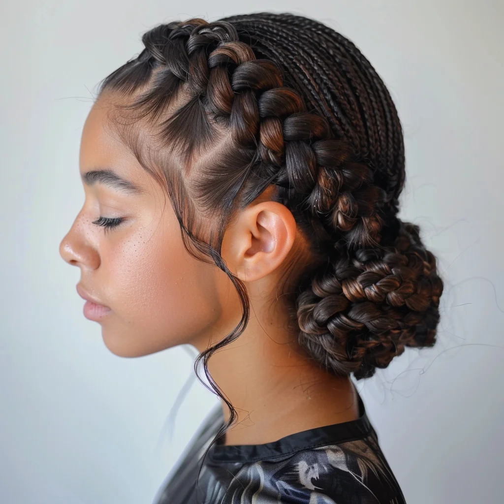 Sweeping side-swept cornrows with layered sections