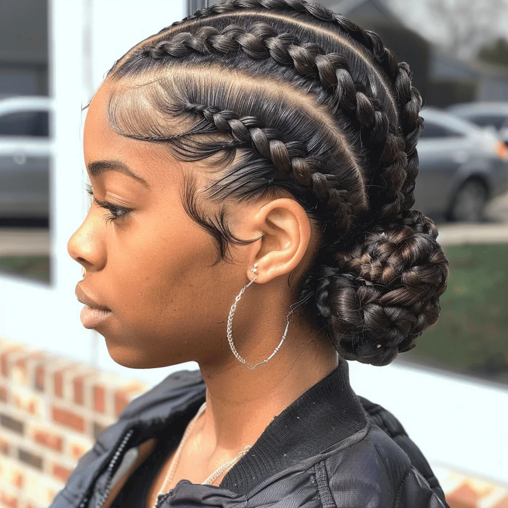 Delicately styled side-swept goddess braids with defined parting