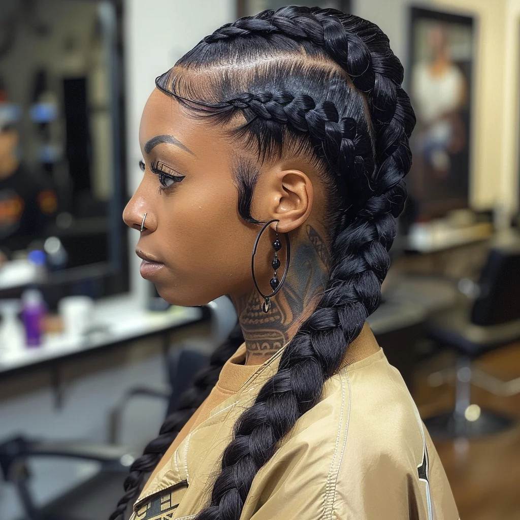 Multi-layered side-swept goddess cornrows with textured curls