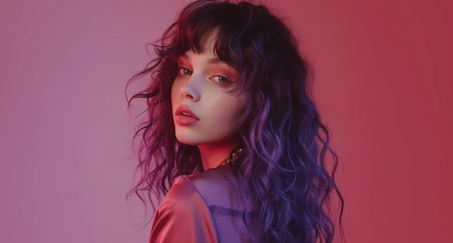 Woman with curly blue shag hairstyle