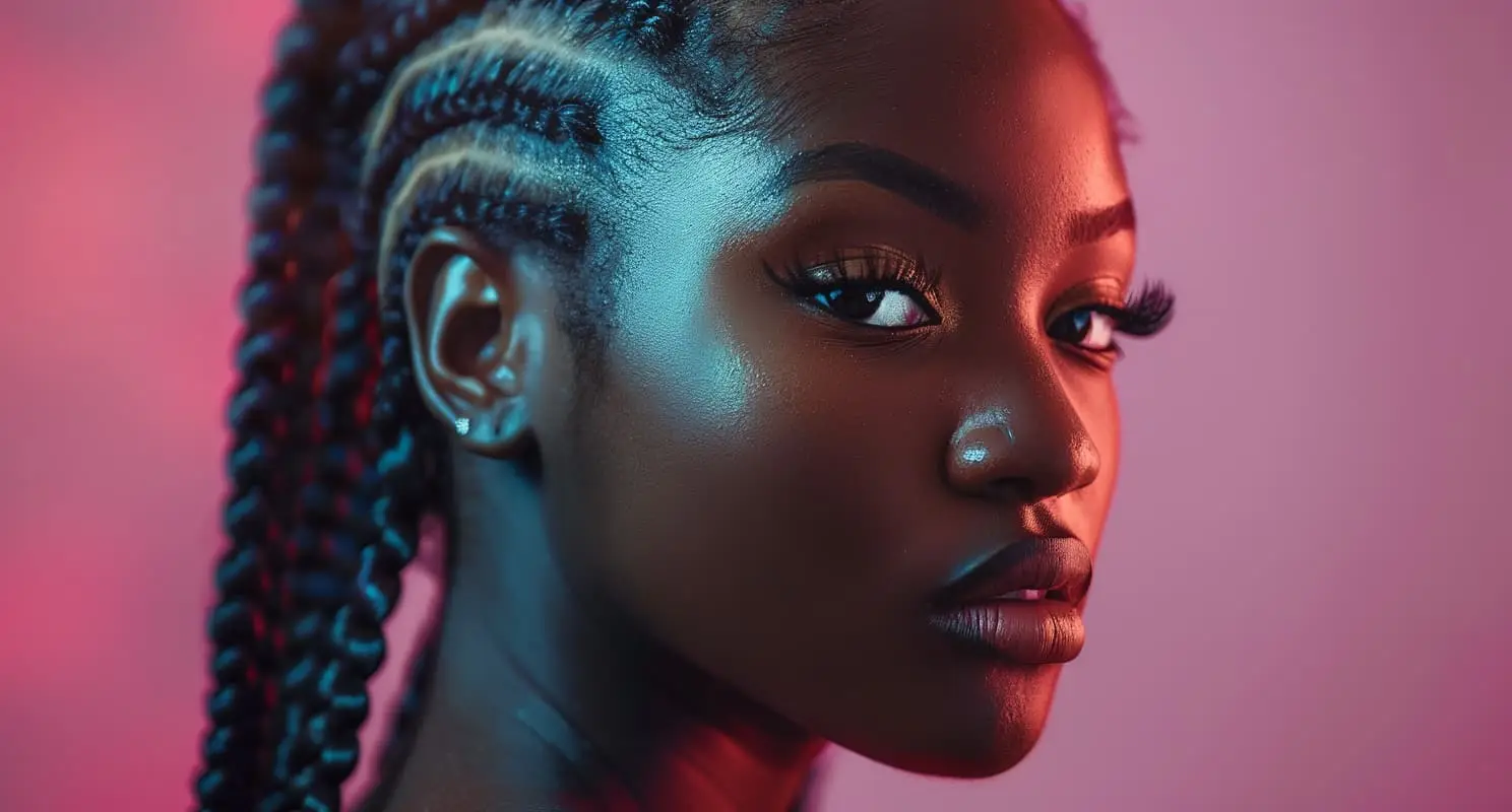 Feed-in goddess cornrows with thick, layered braids