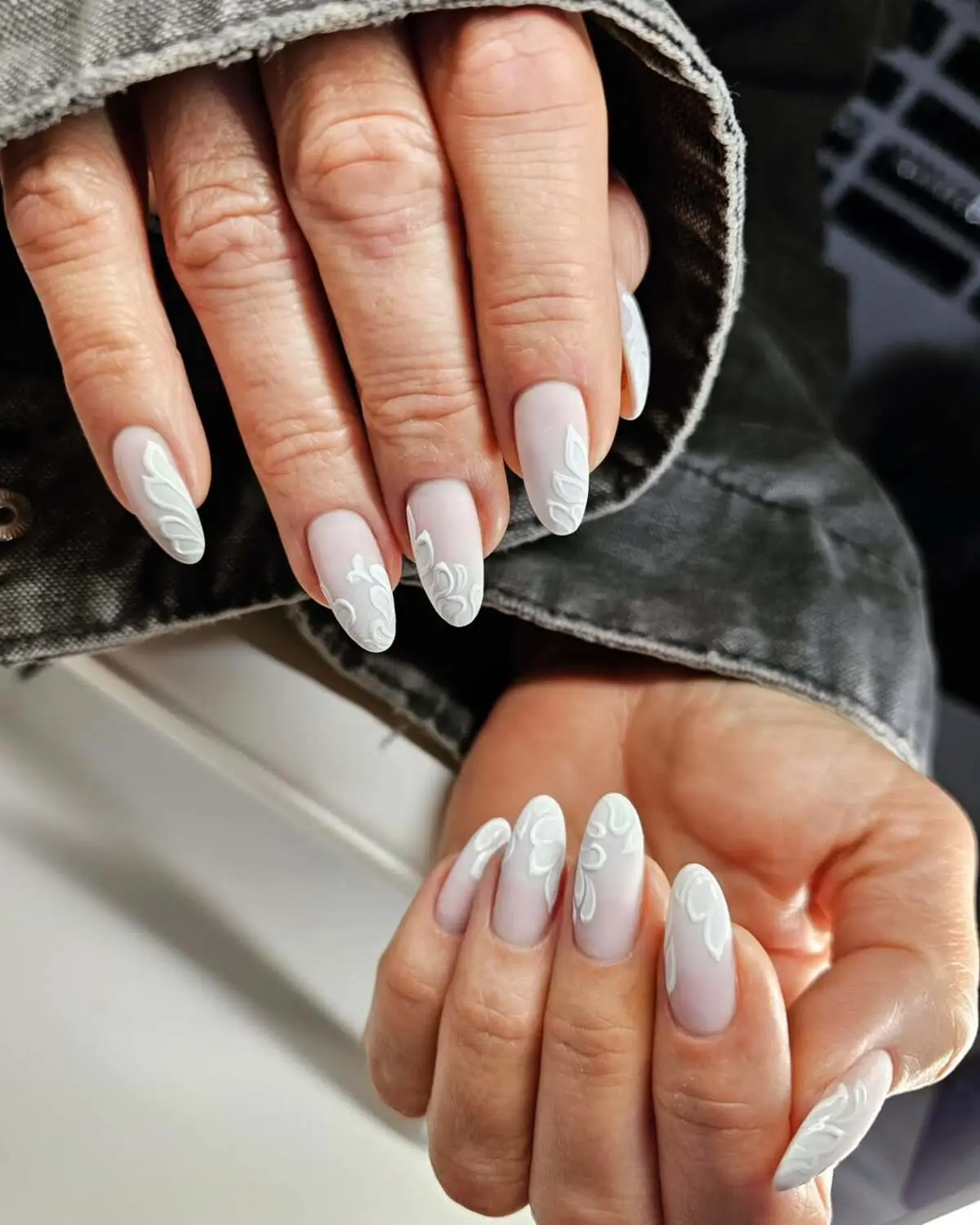 Neutral Spring Nails with Rhinestone Accents