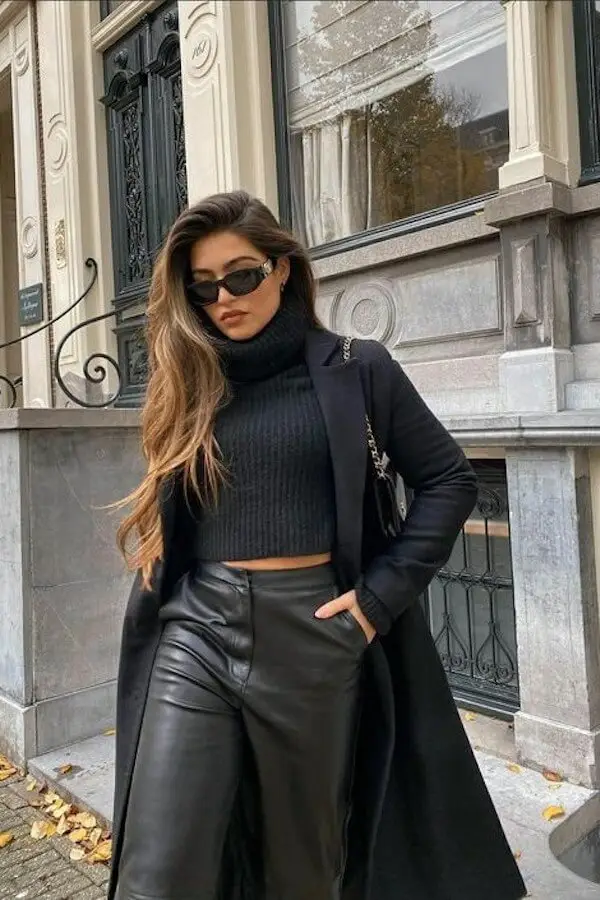 Business casual featuring a gray turtleneck paired with neutral trousers