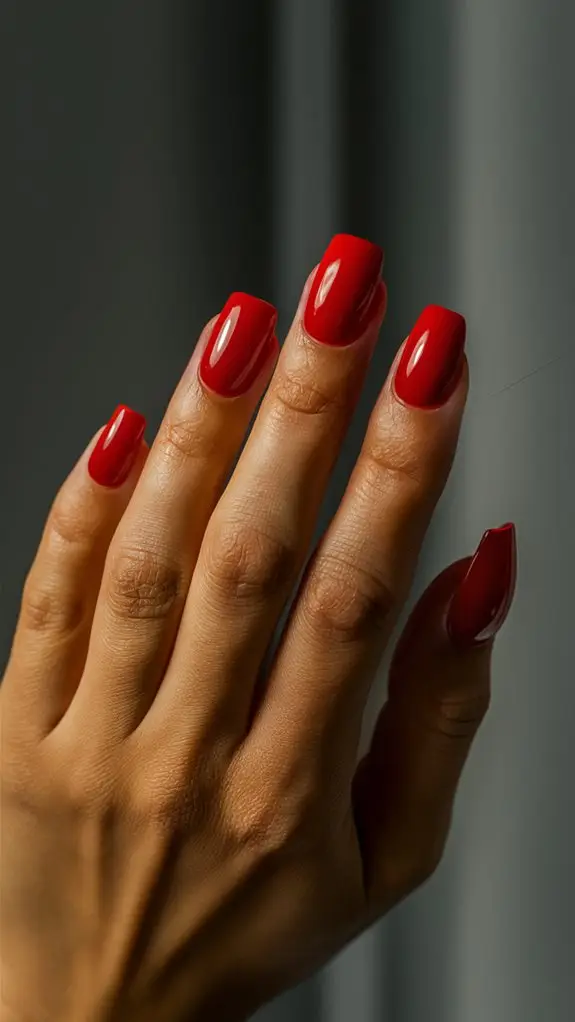 Bold crimson short acrylic nails with a high-gloss finish