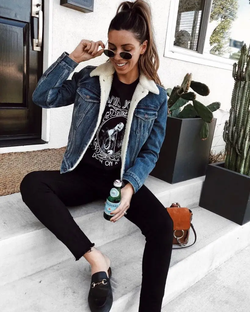 Light-wash denim jacket with sherpa collar and comfort-focused details