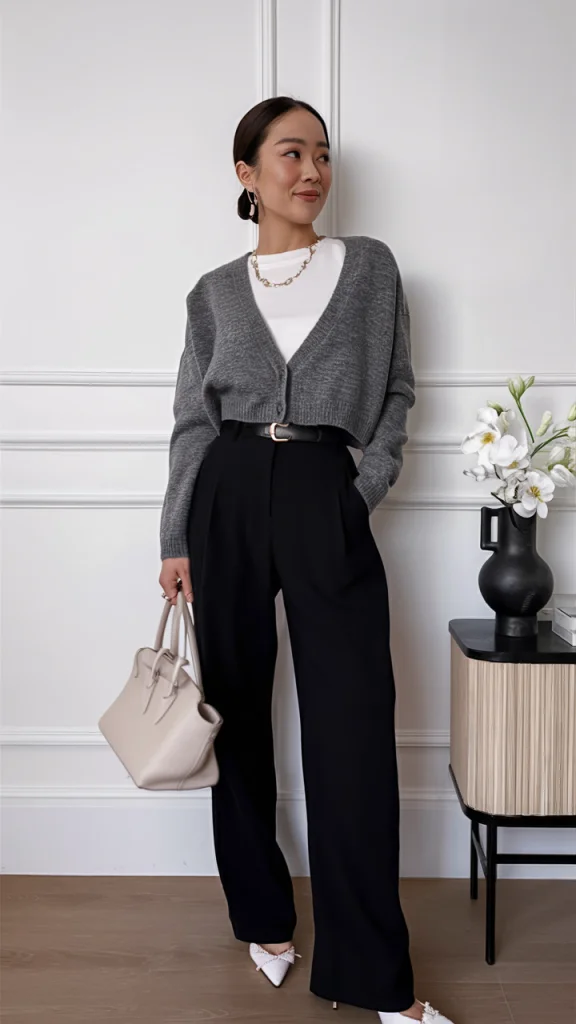 Business casual featuring a checkered blazer, cropped trousers, and white sneakers
