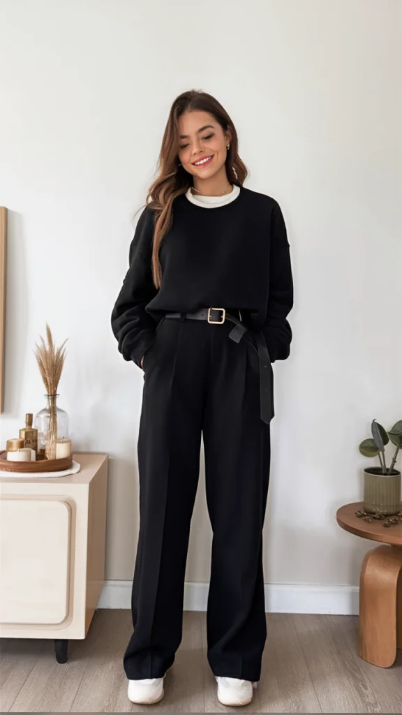 Business casual featuring a relaxed suit paired with a white cami