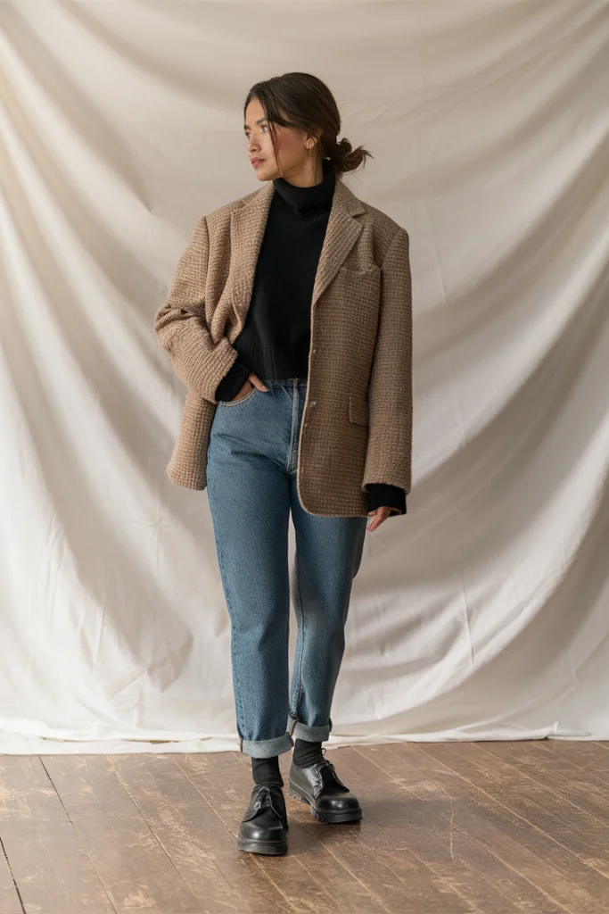 Business casual ensemble featuring a magenta blazer and white trousers